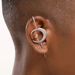 Silver Crescent Moon and Gold Star Ear Cuff